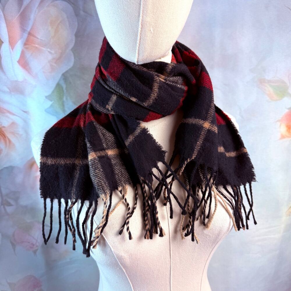 Vintage Black & Red Plaid High Quality 100% Lana Wool Fringed Italian Scarf